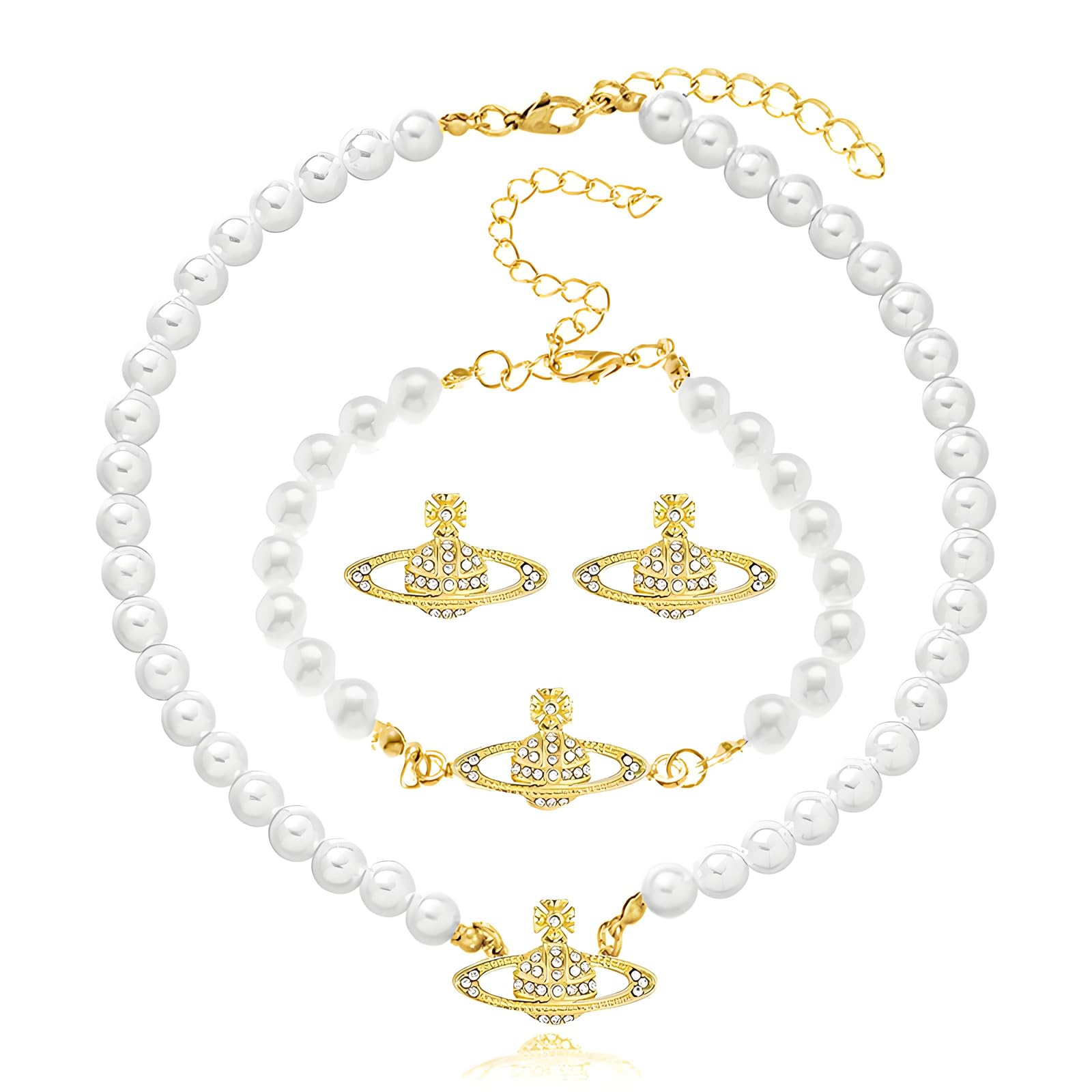 Dreuyet Saturn Pearl Necklace and Earrings Set Crystal Planet Earrings Dainty Artificial Pearl Choker Necklace Charm Gifts for Mum Wife Wedding Birthday Anniversary