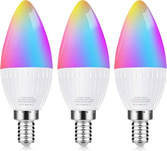 Cskyzk Smart Bulb E14 Candle LED Bulbs Alexa Light Bulbs Bluetooth 4.5W Replace 40W RGBCW Colour Changing Dimmable Bulbs Alexa Echo Light Bulb Compatibe with Alexa Devices, 3 Packs
