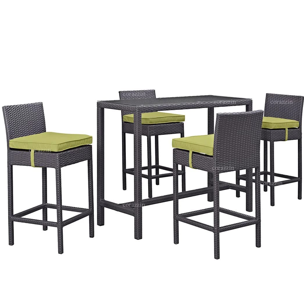 Rattan Wicker Outdoor Bar Patio Table with 4 Chairs Set for Home Graden Balcony 4 Seater High Bar Patio Furniture Table and Chairs - (Olive Green Cushion, Brown)-image-24