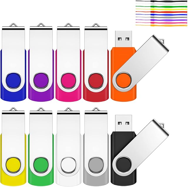 JEVDES 32GB USB Memory Stick 10 Pack USB Stick Flash Drive USB 2.0 Pen Drive Swivel Design Thumb Drive for Data Storage Zip Drive Jump Drive with LED Light (10 Colors)