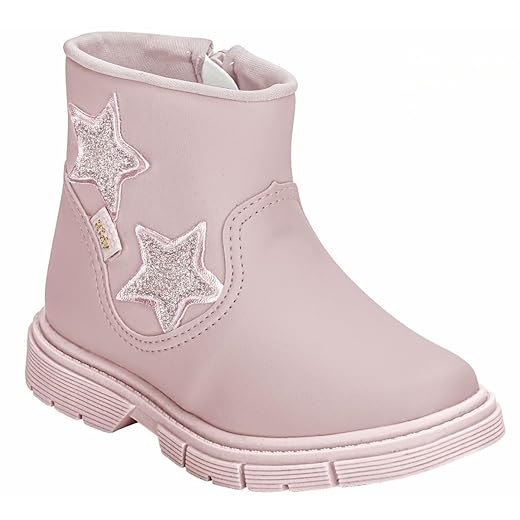 Bota Botinha Infantil Feminina com Zíper Lateral, Rosa com Estrelas Glitter, Coturno para Meninas< Sola Antiderrapante