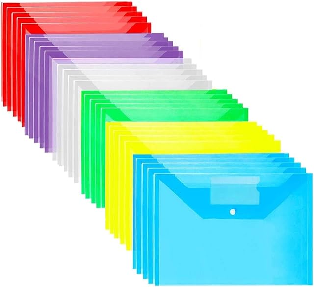 Plastic Wallets - 30 Pack A4 Folders Wallets Plastic Document Files Popper Wallets with Pocket