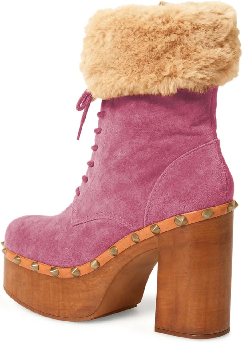 FOWT Women Round Toe Studded Rivets Platform Ankle Boots Wood Grain Chunky Block High Heel Lace up Booties Fall Winter Warm Fur Short Boots Size 4-16 US