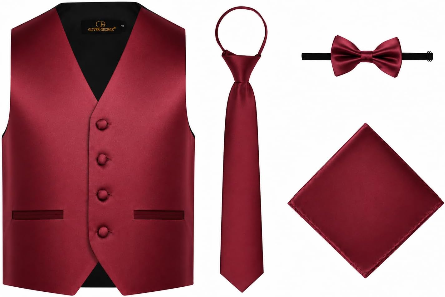 Oliver George Boy's 4-Piece Solid Formal Suit Vest Set, Zipper Tie, Clip-On Bow Tie & Pocket Square Kids Vest Set