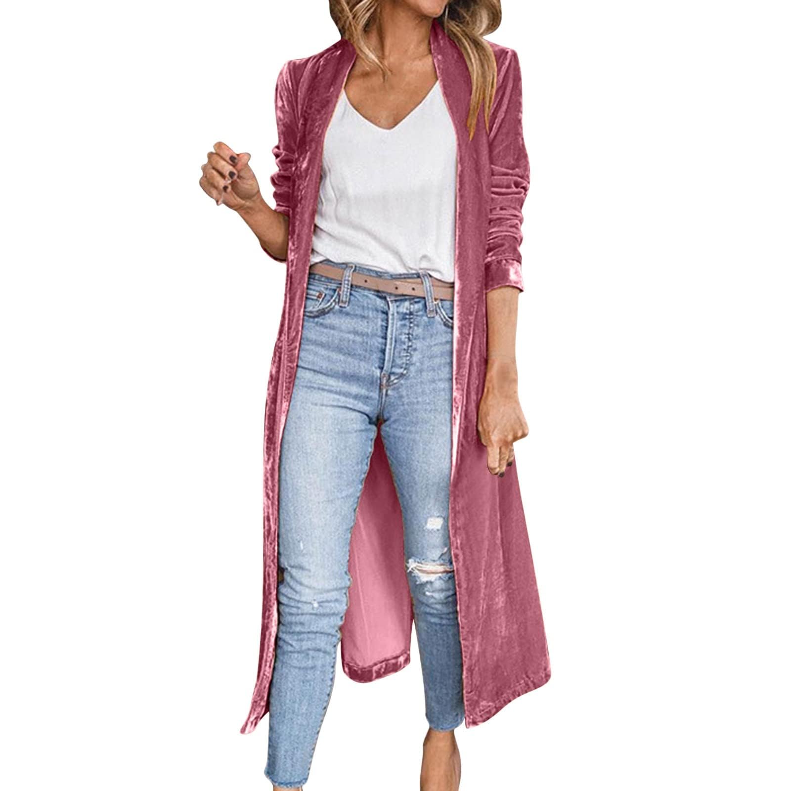 Womens Slouchy Velvet Long Cardigan with Pockets Fall Winter Trendy Cozy Long Sleeve Lapel Coats