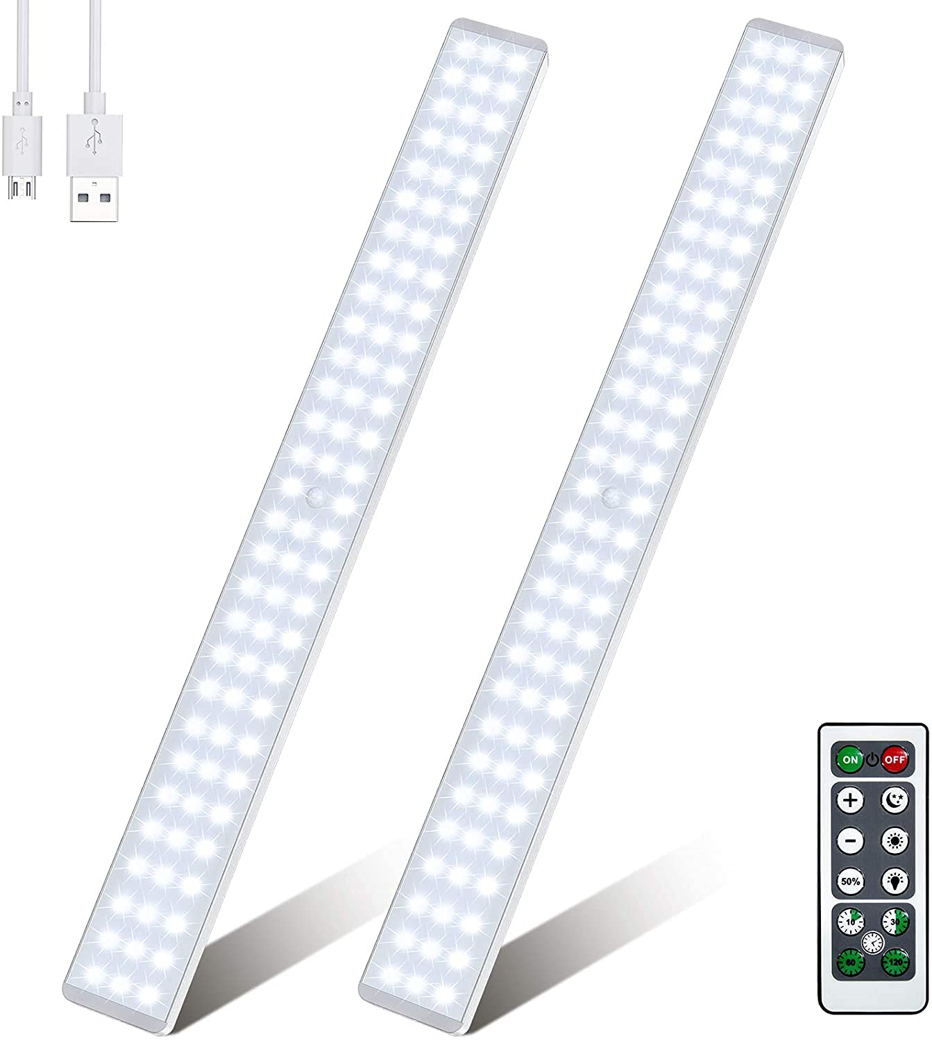 LED Motion Sensor Closet Light, 2 Pack 86-LED Under Cabinet Lights with Remote USB Rechargeable 2400mAh Battery Wireless Under Cupboard Lights Stick-Anywhere Night Light for Stairs Wardrobe Kitchen