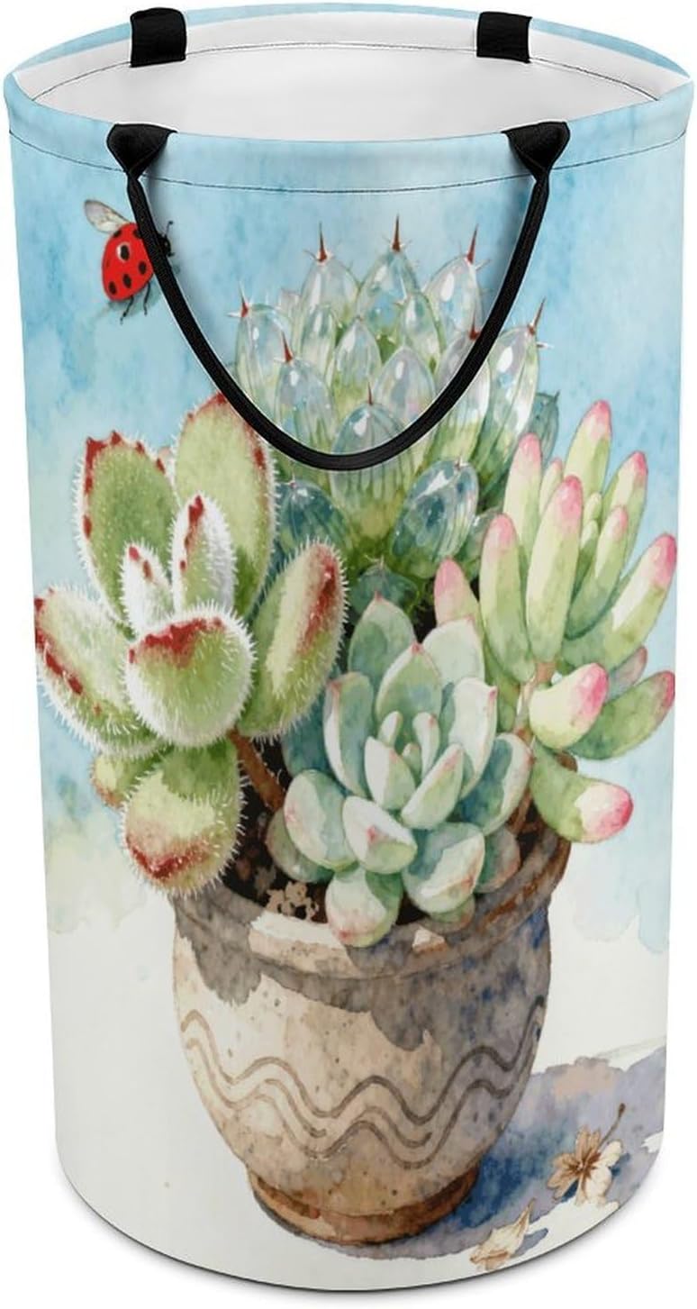 Green Plant Flower Laundry Hamper with Handles Waterproof Collapsible Laundry Basket Large Lightweight Round Dirty Clothes Hamper for Home Dorm Bathroom Decor