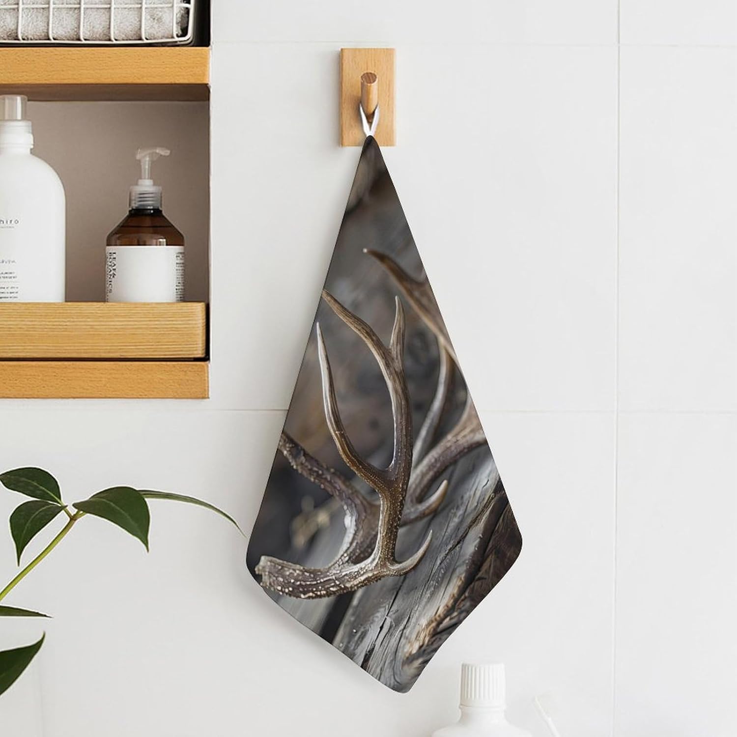 Deer Antlers On Wood Table Rustic Hand Towels for Bathroom Kitchen Towels Small Towel Handkerchiefs with Hanging Loop 4PCS