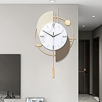 Vista 2 de FILLOVE Large Decorative Wall Clock with Pendulum for Living Room, Matte White Half Circle & Gray Striped Scalloped, White Marble Dial, Silent for