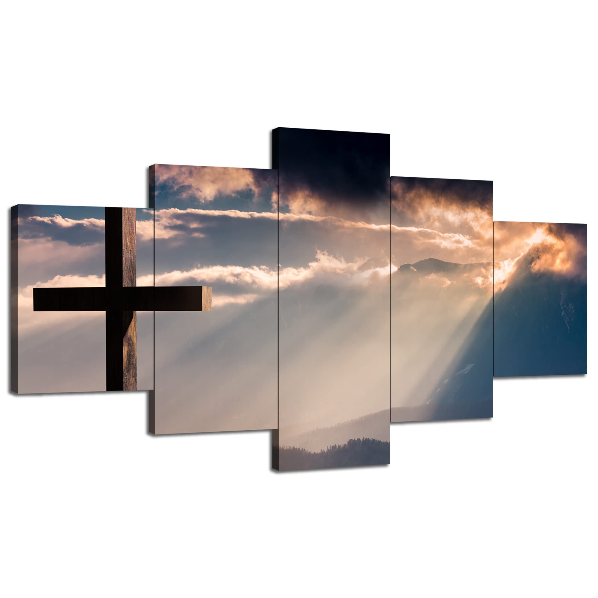 Religious Wall Art for Prayer Room Wooden Cross Wall Decor Jesus Crosses Picture Canvas Print Christian Poster Painting Framed Home Living Room