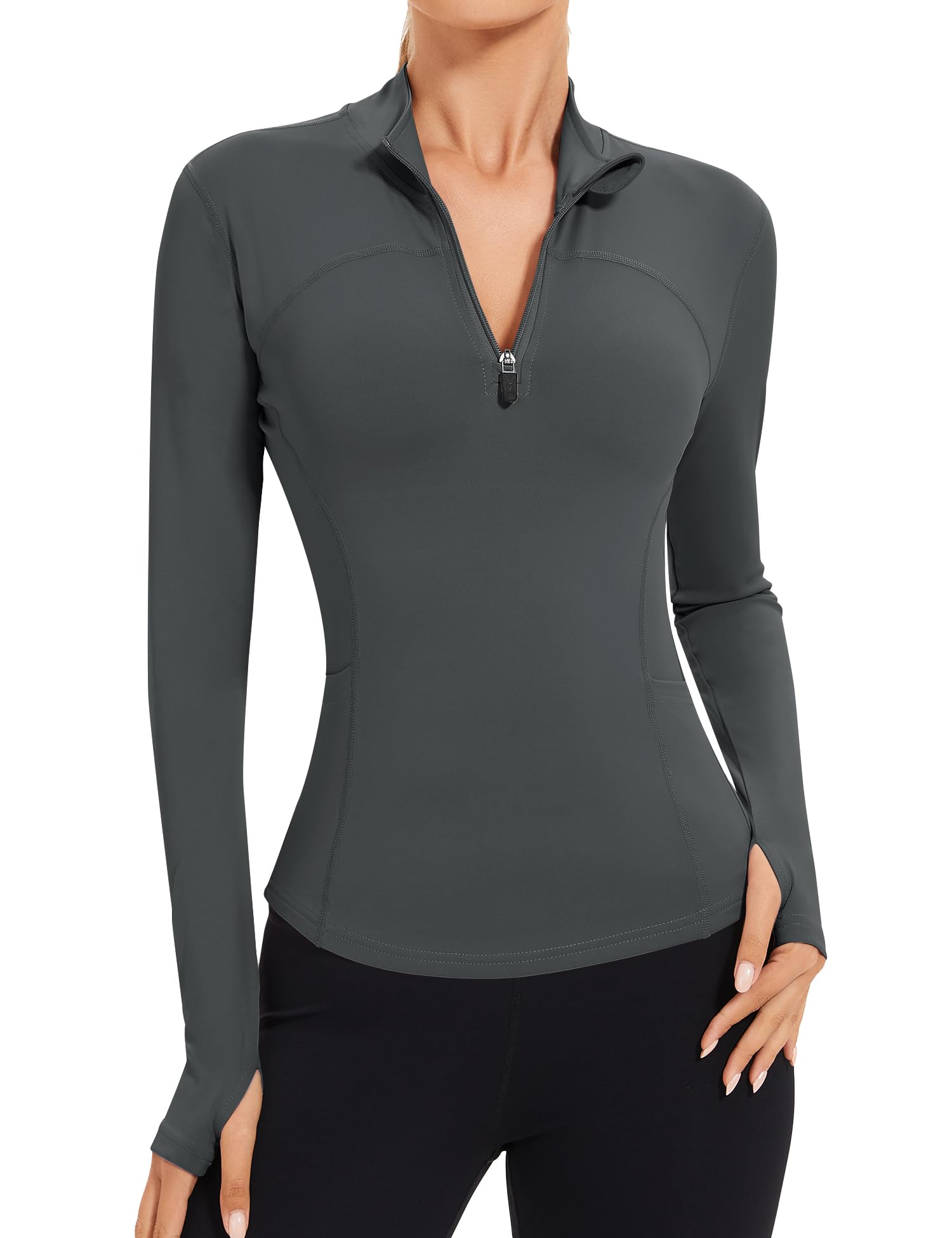 IECCP Damen Laufjacke Sportjacke Langarm Gym Sportshirt Yoga Fitness Crop Tops mit Zwei Taschen Leicht Laufen Oberteil mit 1/4 Reißverschluss und Daumenloch