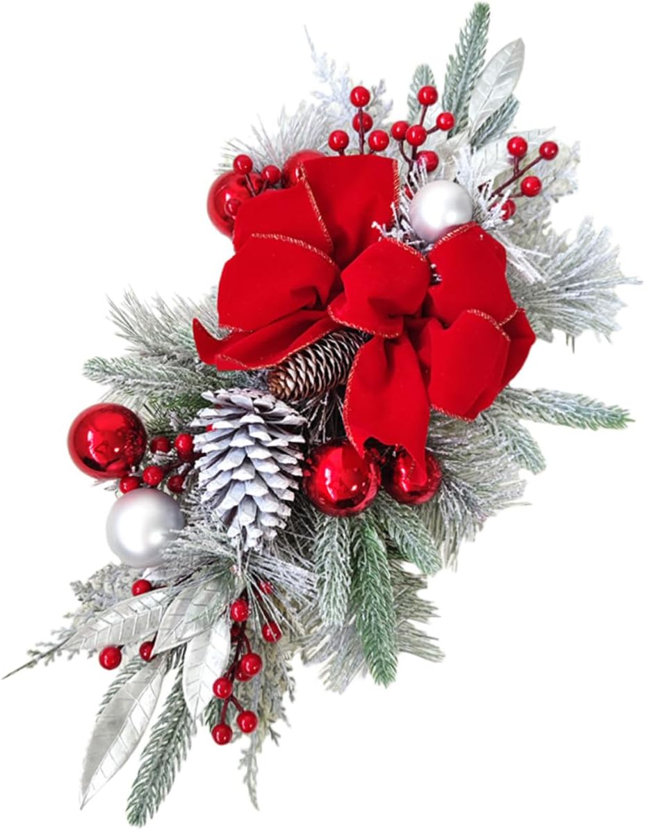 Christmas Artificial Wreath with Red Bowknot Teardrop Swag for Stair Railing Hanging Non-Luminous Xmas Door and Wall Decor Festive Holiday Ornament for Living Space and