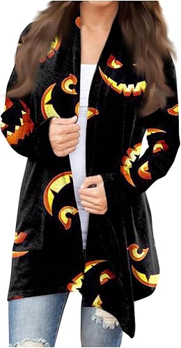 kqetty Hollaween Cardigan Women's Ghost Printed Comfortable Open Front Sweatshirts Long Sleeve Loose Fit Lightweight Coat