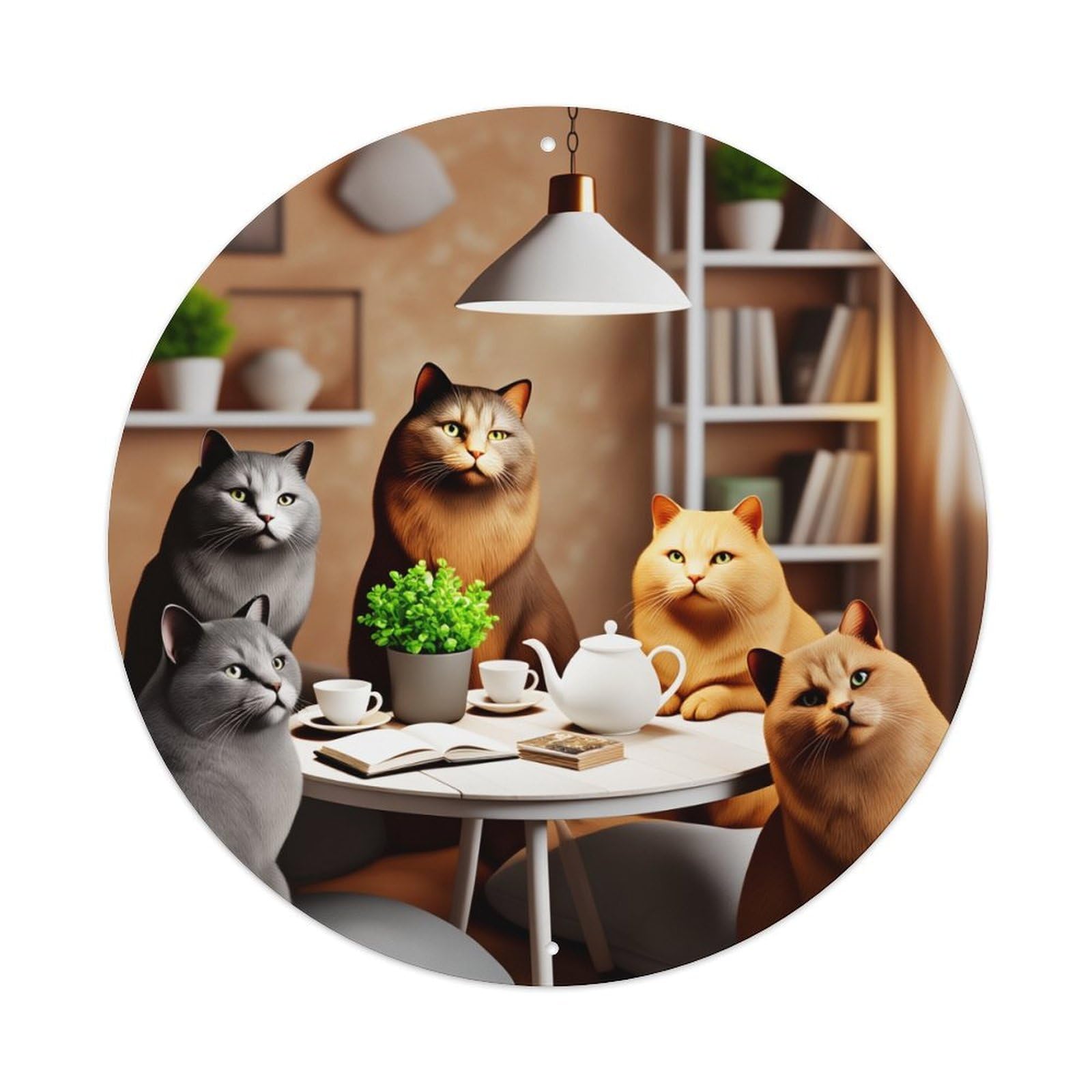 Cats Tea Table Books Plants Round Tin Sign Vintage Metal Poster, Home Bar Garage Man Cave Cafe Indoor & Outdoor Wall Decoration 8x8Inches