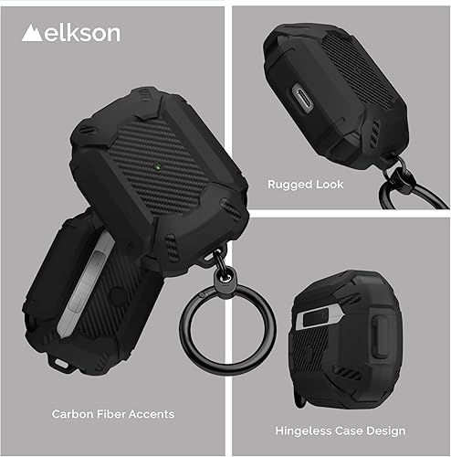 Miniatura 2 de elkson Compatible con AirPods Pro 2 1, funda segura con llavero rígido, parachoques de fibra de carbono, cuerpo completo, a prueba de golpes, para