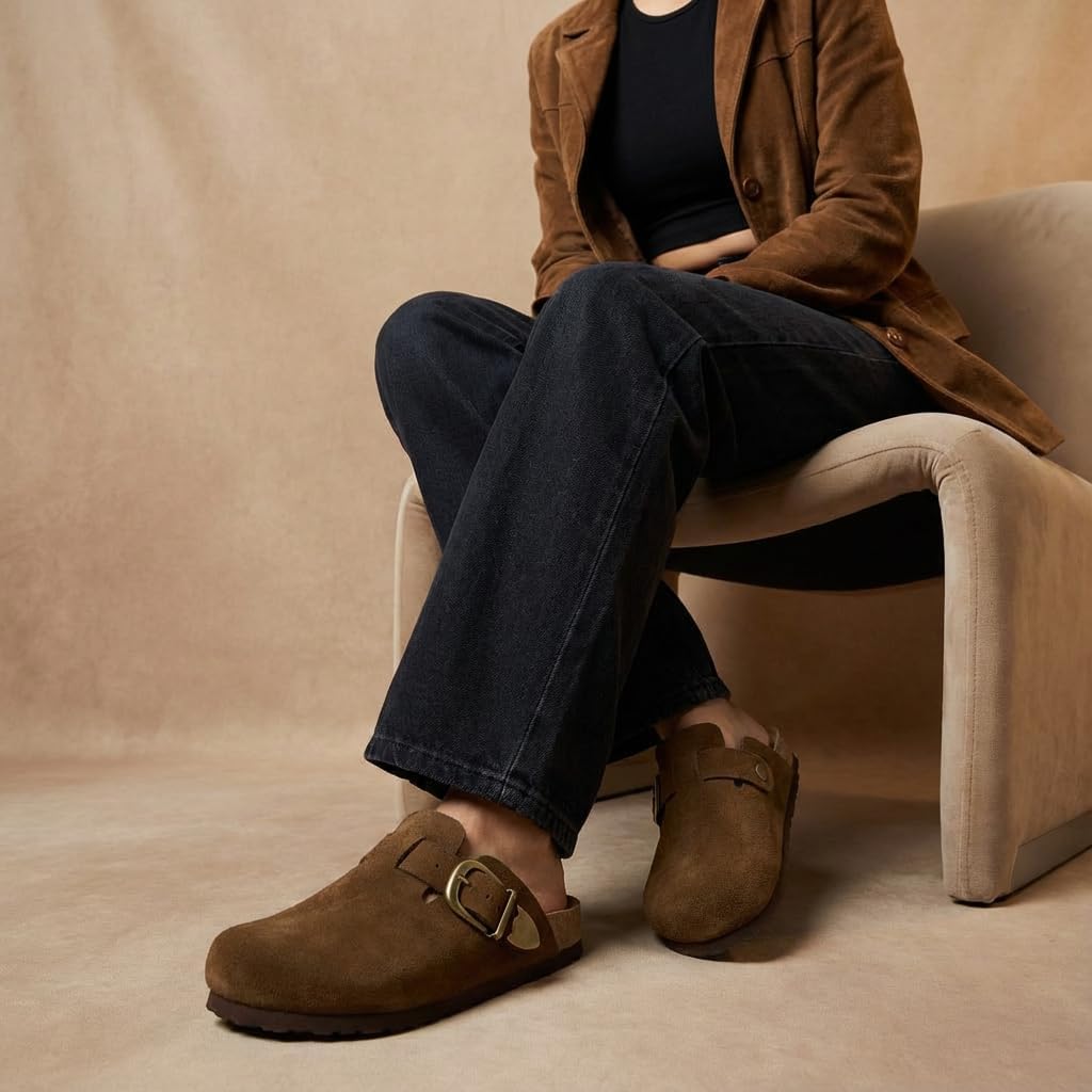 CUSHIONAIRE Hamlet Genuine Leather Suede Clogs for Women, Slip On Shoes with Detailed Metal Buckle Strap and Memory Foam Footbed - Image 3