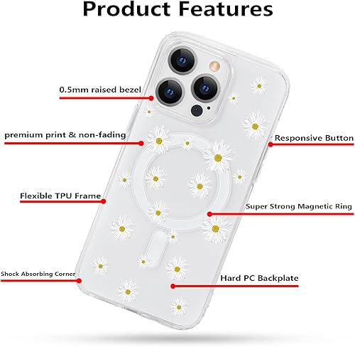 Miniatura 6 de Funda magnética transparente con diseño de flores para iPhone 15 Pro compatible con MagSafe, patrón floral transparente a prueba de golpes, parte