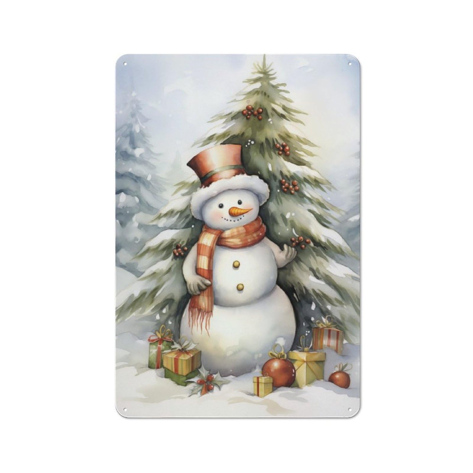 Watercolor Snowman Printed Tin Plaque, Small Wall Accent for Coffee Corner, Diner Or Kitchen Decor, 30x20cm