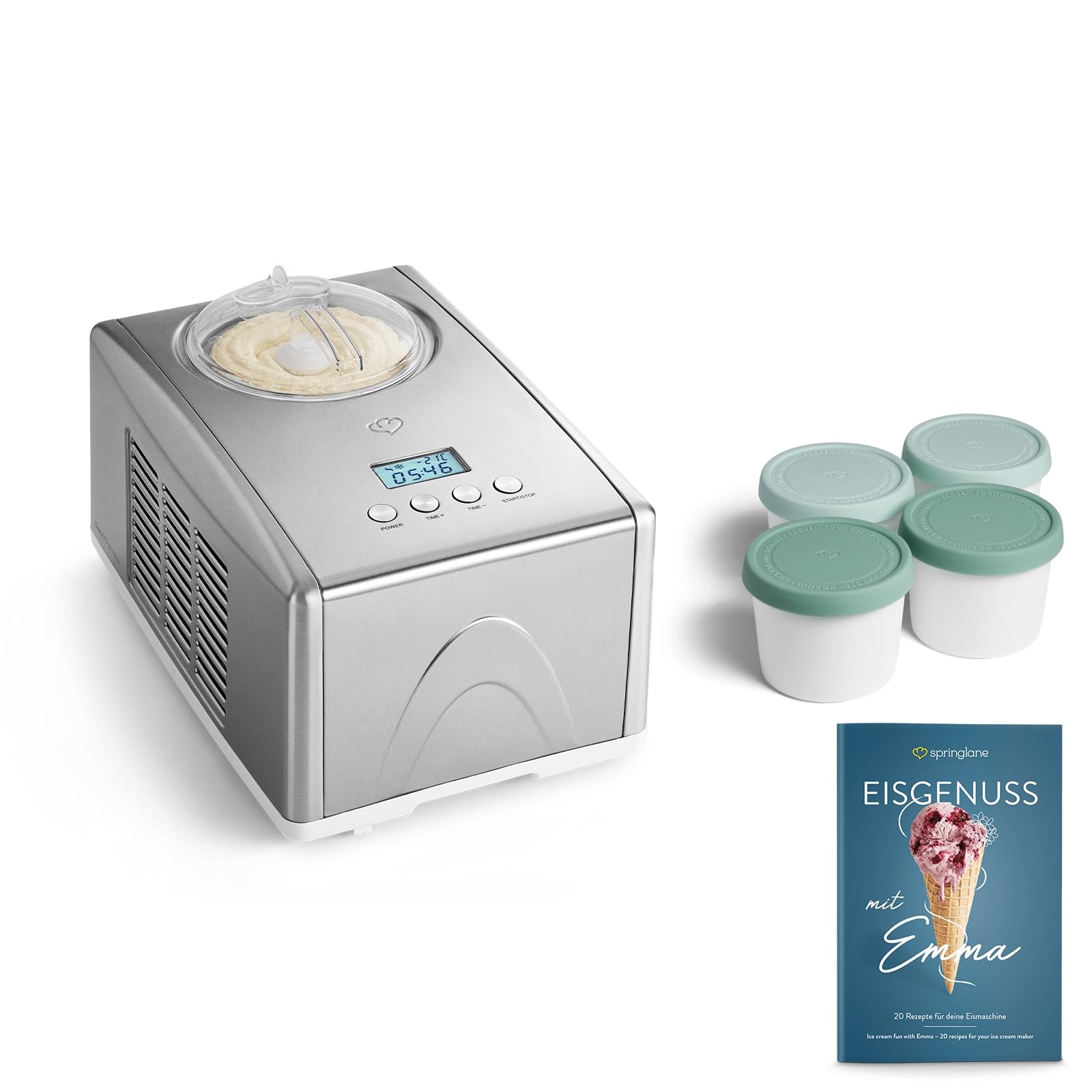 SPRINGLANE Emma Gelatiera 1,5 L con Compressore Auto Raffreddamento 150 W in Acciaio Inox con Serbatoio del Ghiaccio Rimovibile Include Ricettario (Argento, Emma Silver + 4 Contenitori per Ghiaccio