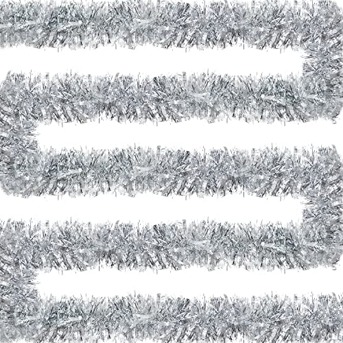 Jishi 50 Ft Christmas Garland Silver Tinsel Garland Christmas Tree Decorations - Non-Lit Xmas Holiday Decor Outdoor Indoor Home Garden Outside Wedding Party Artificial Silver Garland - 8Cm Thick #TOP6