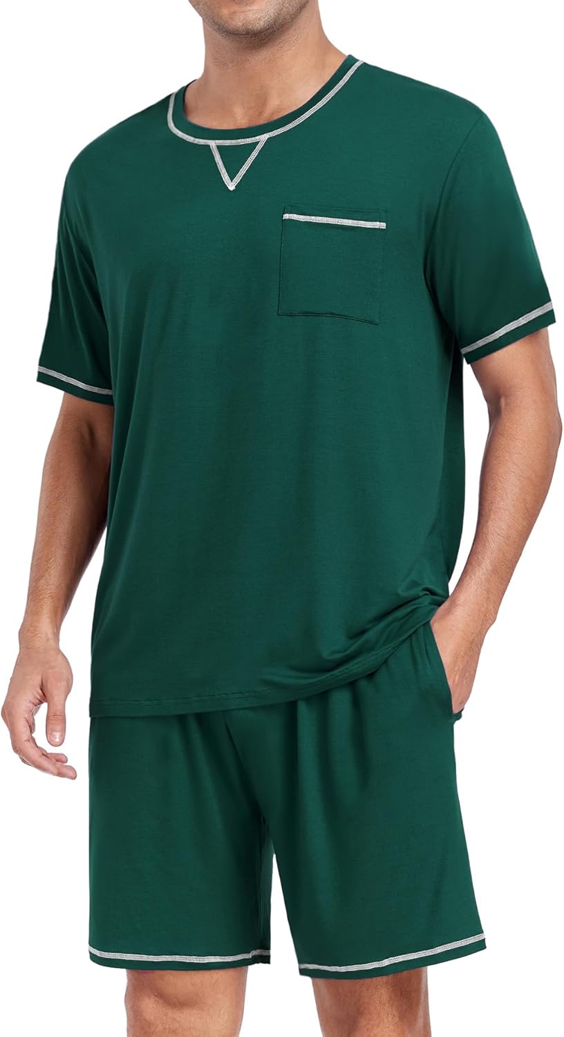 DIKFA Men's Modal Pajamas Set Soft Sleepwear Short-sleeve Pjs with Pockets 2pcs Lounge Casual Cozy Nightwear
