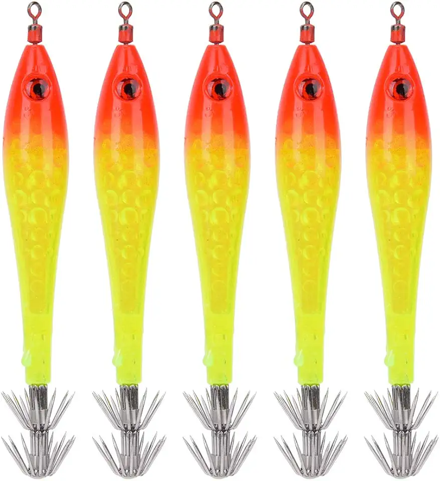 Iscas de pesca luminosas, 5 peças, anzóis de lula, 9 cm, 9 cm, iscas de pesca, que brilham no escuro, conjunto de iscas de polvo noturnas para mar vermelho fresco
