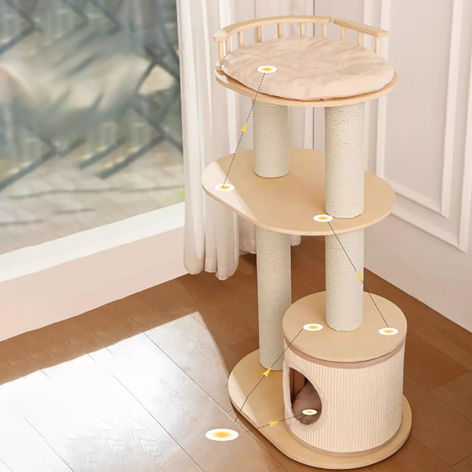 Centro de actividades para gatos, casa de juegos para mascotas con base estable, varios niveles de madera para apartamentos pequeños