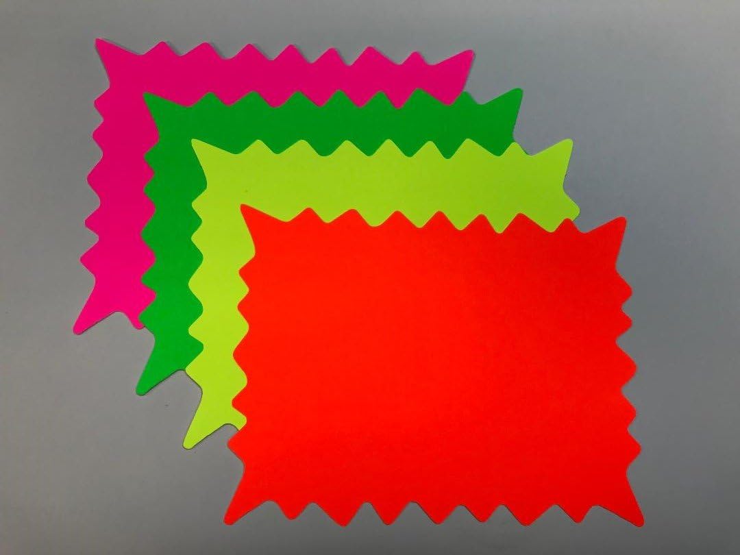 FBR610 - Fluorescent Rectangular Burst Price Blank Cards "Neon Star" Pack of 100 25 Each Color 4 Sizes to Choose from 10pt Card Stock (6 3/8" x 10 1/8")