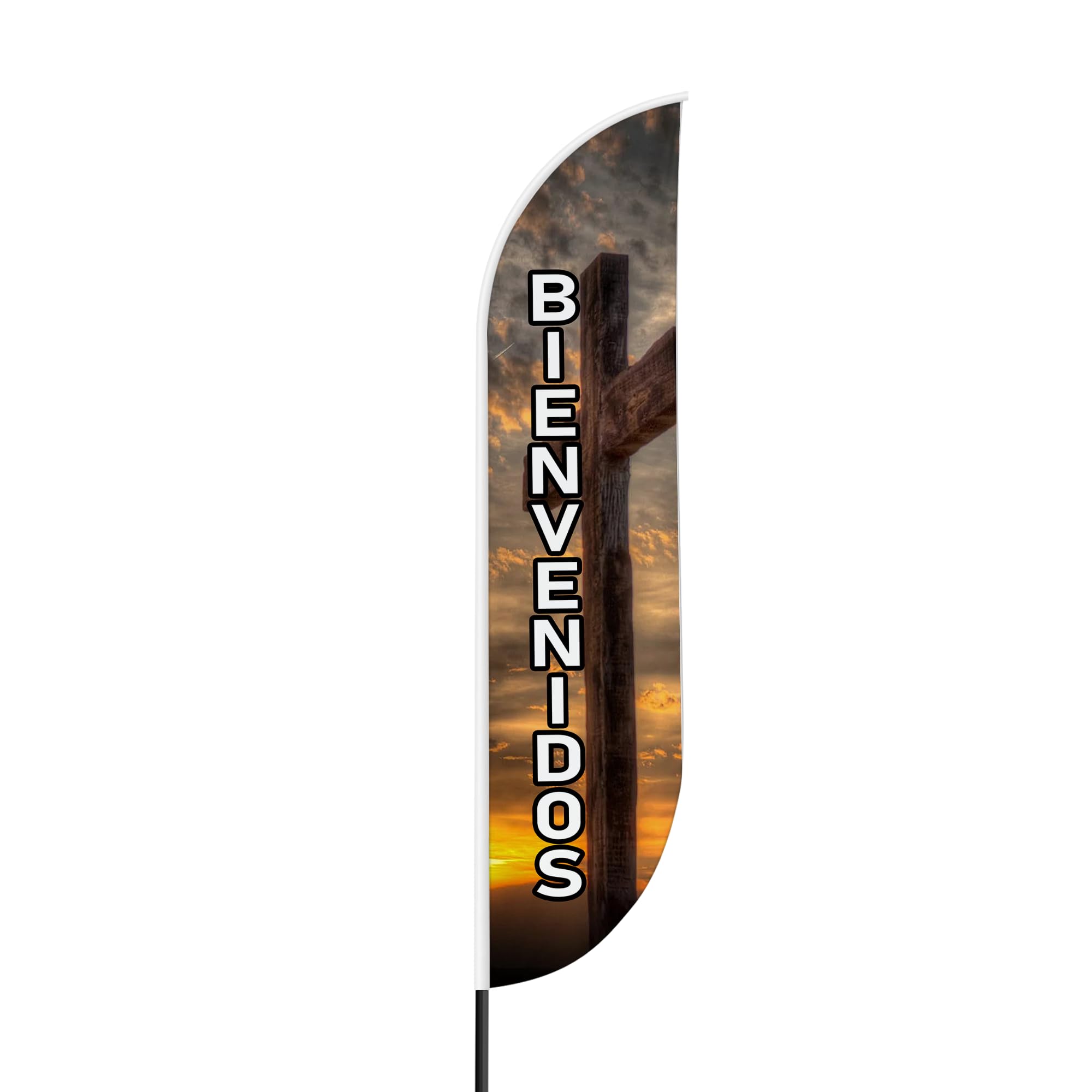 Bienvenidos Sign feather flag for Outdoor by Mavis Printing | 11.5 FEET Long Polyester Outdoor Banner Flag for Easy Hang | HD Print Swooper I Flag Only to Promote Church Activity I Flag Only