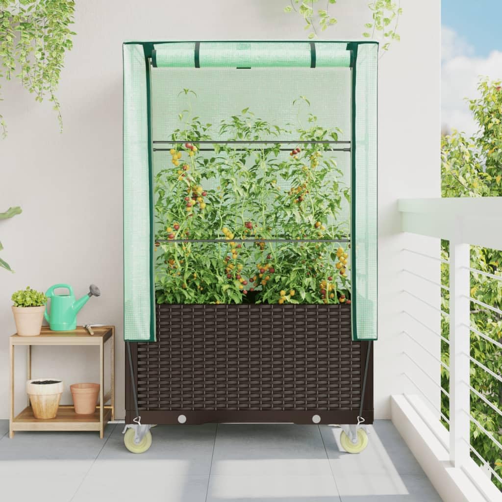 Aiuola rialzata con serra e ruote, effetto rattan