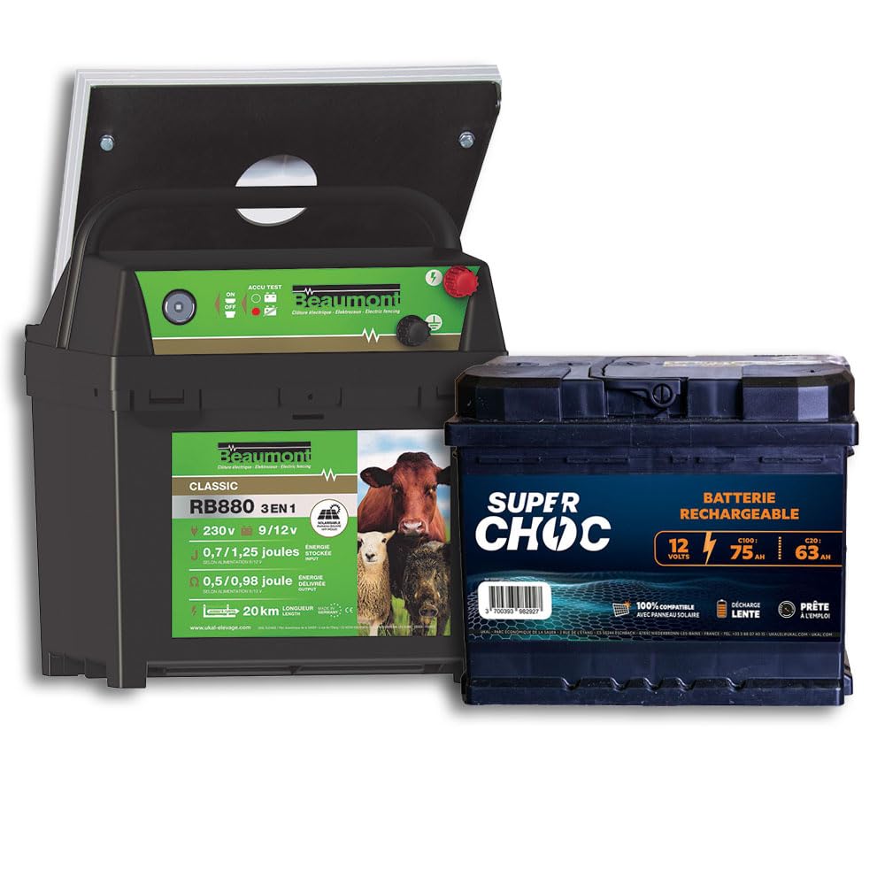 Beaumont - Électrificateur Mixte de Clôture RB880 à Panneau Solaire + Batterie 12V 75Ah - Poste 4 en 1, Alimentation Secteur, Batterie ou Pile - Facilement Transportable - Garde Tous Types d'Animaux