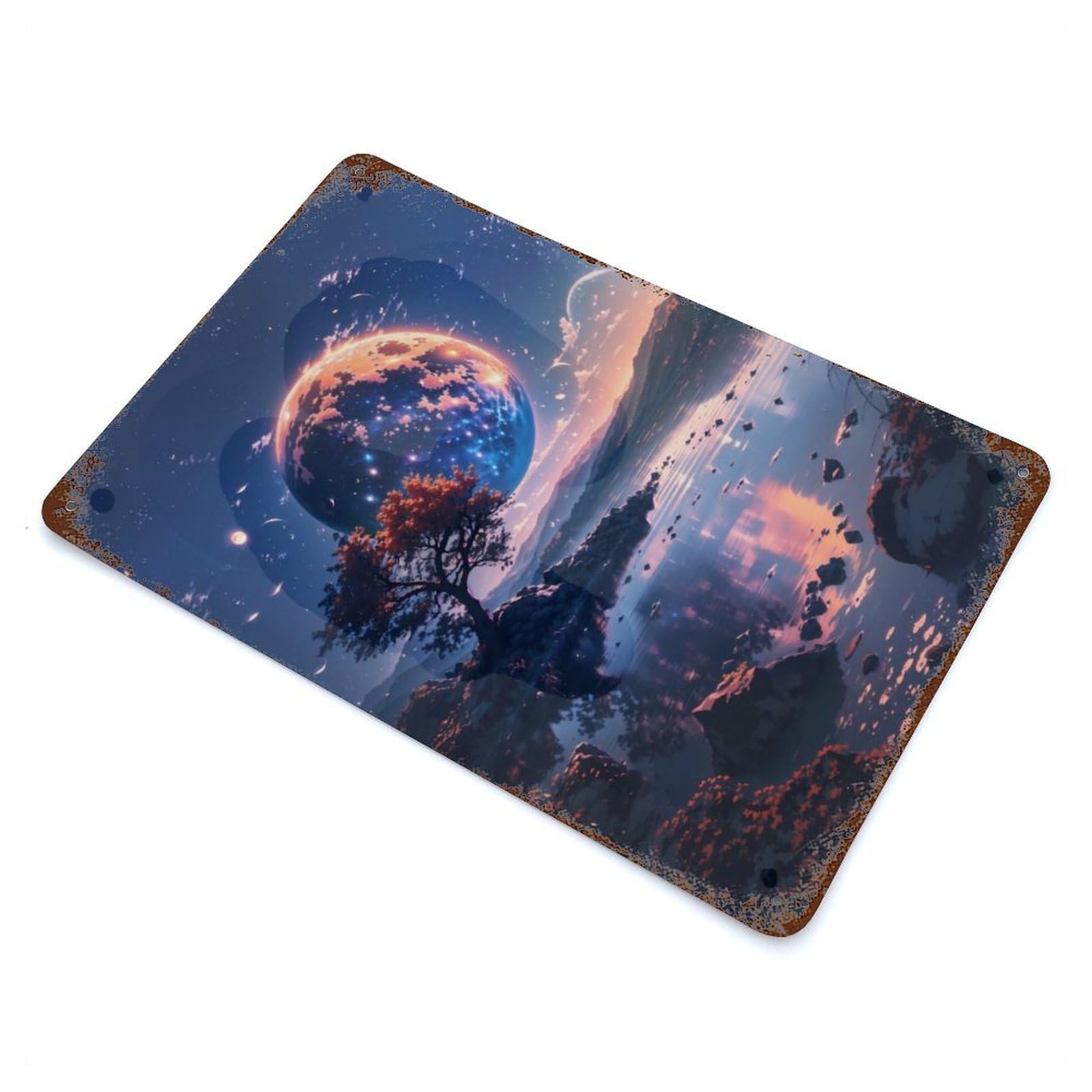 Retro Metal Sign with Planet Lake Reflection Design 11.8"x7.9", for Living Room, Hallway And Home Decor, Vintage Wall Decor