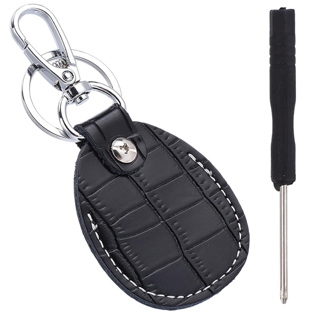 CALFOVERA Genuine Leather Key Fob Black Portable Leather Keychain Cover Compatible Scratch-Resistant Keyring Fob Protector NFC Tag Holder Access Card Case with Screwdriver for Office ID Key Cards