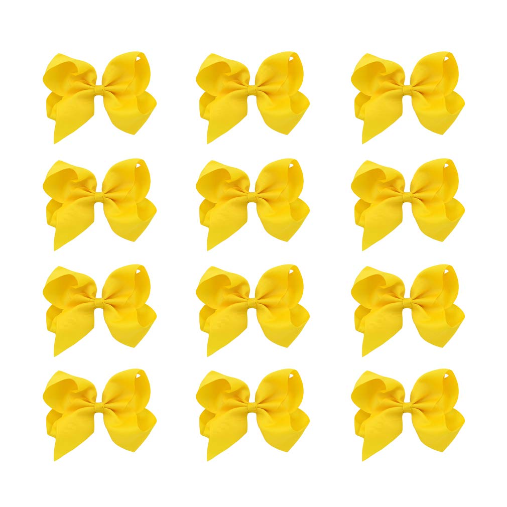 DEEKA 12 PCS 6" Big Hand-made Grosgrain Ribbon Hair Bow Alligator Clips Hair Accessories for Little Teen Toddler Girls - Yellow