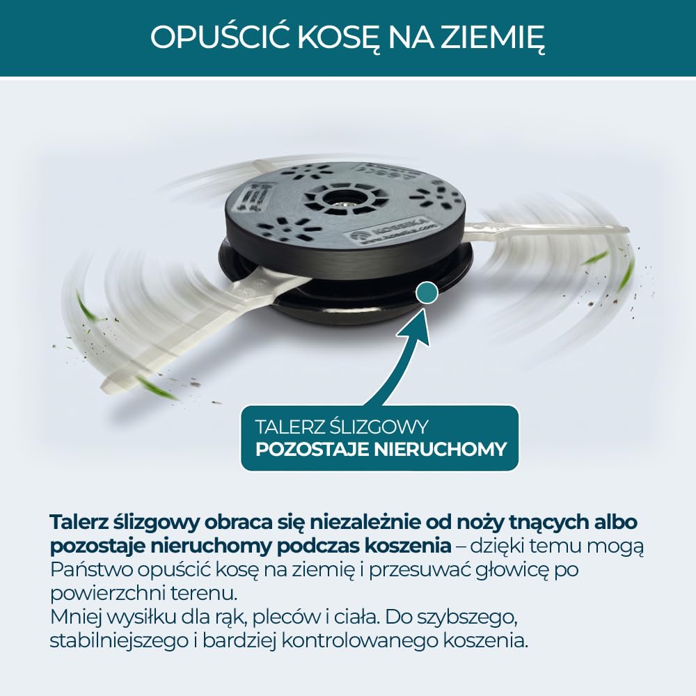 Innowacyjna głowica tnąca KOSSIKA z talerzem ślizgowym do szybszego koszenia z mniejszym wysiłkiem – do wysokiej trawy, pokrzyw i jeżyn oraz stabilniejszego koszenia na zboczu
