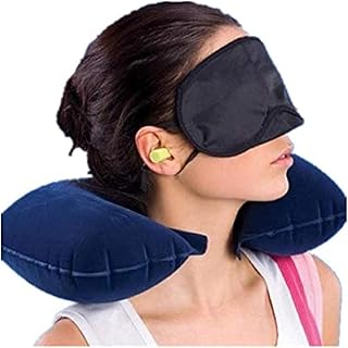 طقم سفر على شكل وسادة رقبة قابلة للنفخ مع قناع للنوم وسدادات اذن، متعدد الالوان