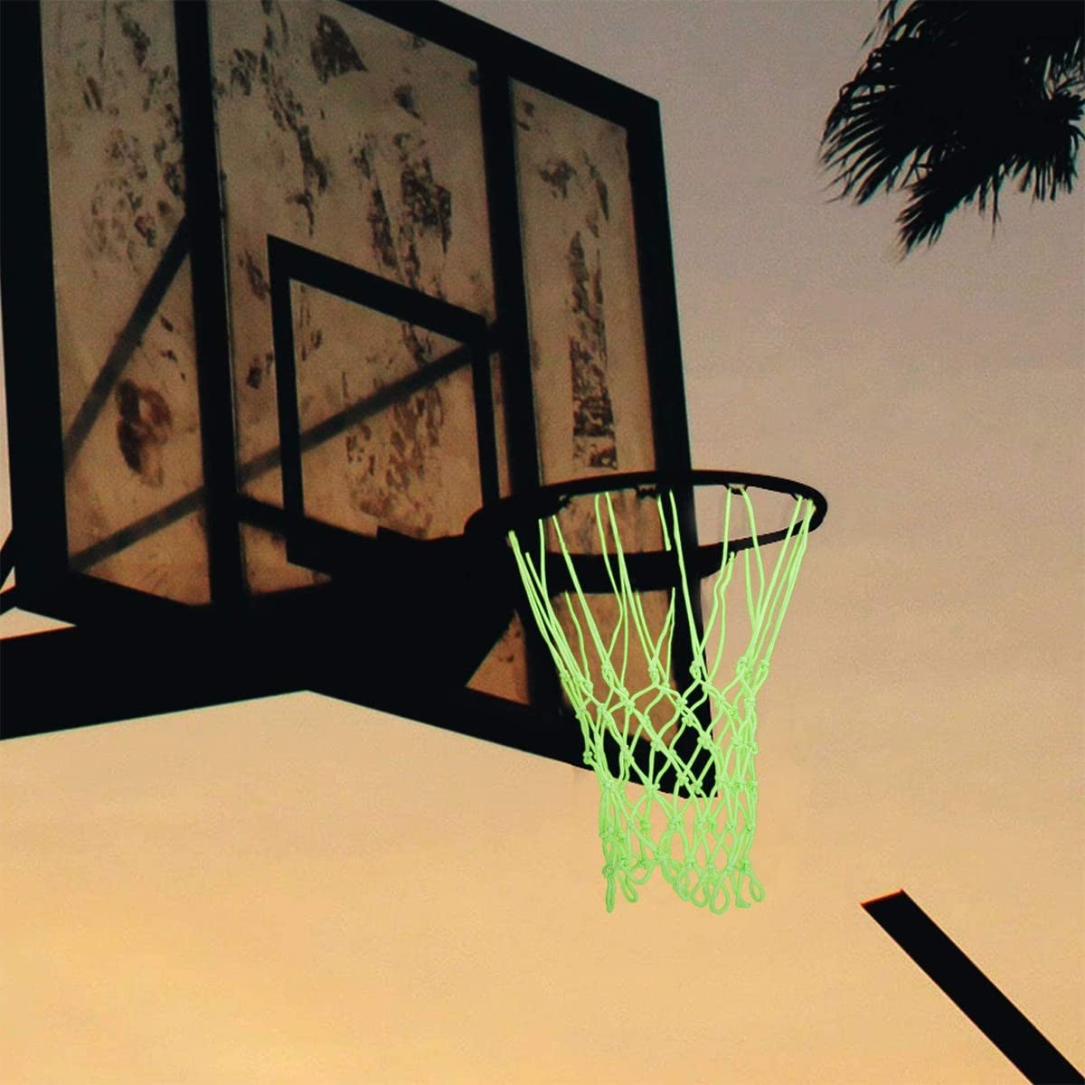WANGCL Red de baloncesto que brilla en la oscuridad para exteriores, 12 bucles, tamaño estándar, resistente, repuesto de red de baloncesto luminosa, portátil, alimentada por el sol, red de baloncesto