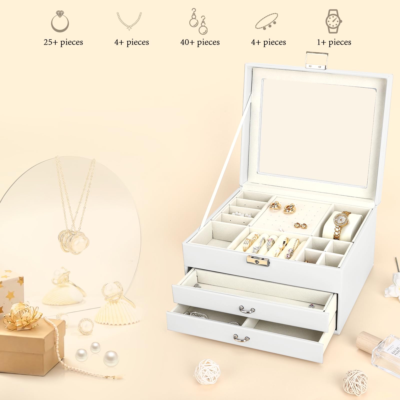 Yieseang Portagioie per ragazze, con cassetto, portagioie con coperchio in vetro, organizer per gioielli, per orecchini, anelli, orologi, Natale, San Valentino, compleanno, bianco
