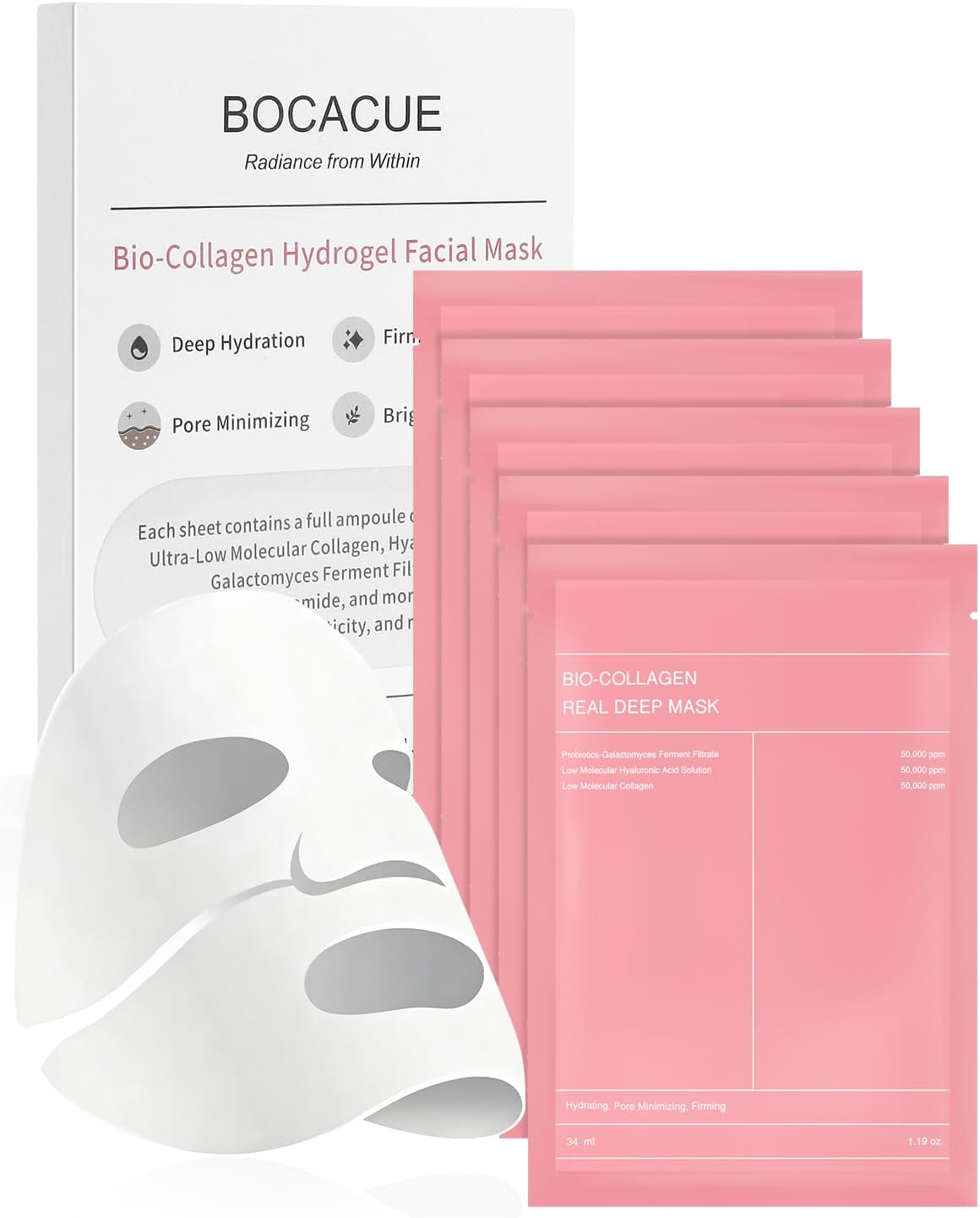 Bio-Collagen Hydrogel Sheet Mask, Overnight Face Mask for Radiant, Glowing Skin, Deep Hydrating & Firming, Pore Minimizing, Boosts Elasticity, Korean Skin Care, 35g x 5ea