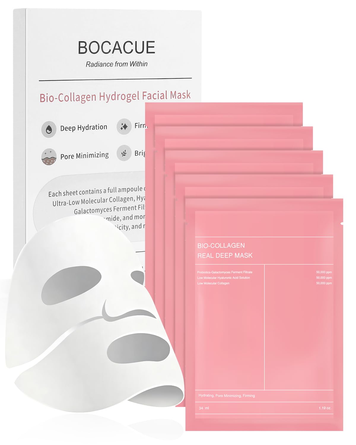 Bio-Collagen Hydrogel Sheet Mask, Overnight Face Mask for Radiant, Glowing Skin, Deep Hydrating & Firming, Pore Minimizing, Boosts Elasticity, Korean Skin Care, 35g x 5ea