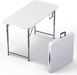 OurModernSpace 4FT Adjustable Height Folding Table, Heavy Duty Steel Legs, Portable with Built-in Handle for Parties, Picnics, Events