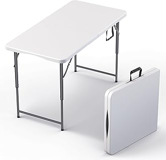 4 Feet Foldable Table Adjustable Height with Built in Handle, Steel Legs | 4FT Heavy Duty Portable | Perfect for Party Dining Wedding Events Picnic Indoor Outdoor Camping Utility Folding - 4 Foot