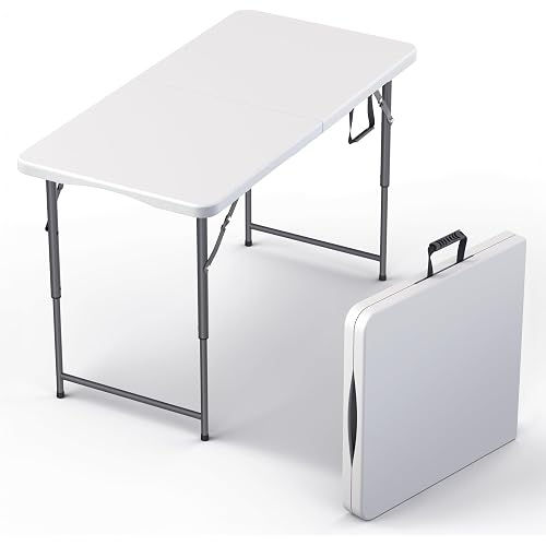 4 Feet Foldable Table Adjustable Height with Built in Handle, Steel Legs | 4FT Heavy Duty Portable | Perfect for Party Dining Wedding Events Picnic Indoor Outdoor Camping Utility Folding - 4 Foot