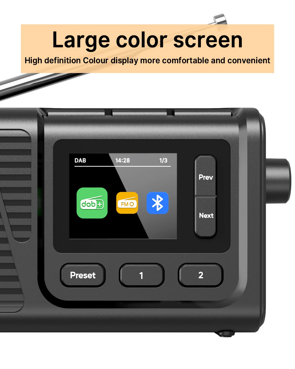 Radio portatile DAB+/FM con Bluetooth, radio da cucina con cavo o batteria da 2200 mAh, radio digitale FM con jack per cuffie, doppia sveglia, 40 preimpostate, display a colori