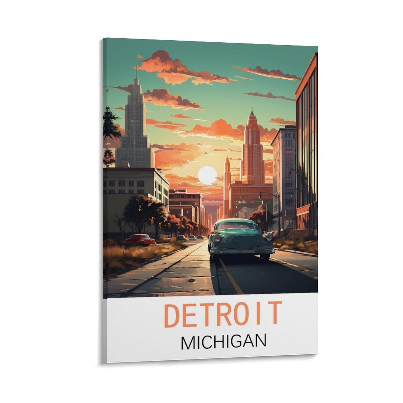 HWJUEICG Detroit Michigan Vintage Travel Poster 08x12inch(20x30cm) Canvas Wall Posters And Art Picture Print Modern Family Bedroom Decor Posters