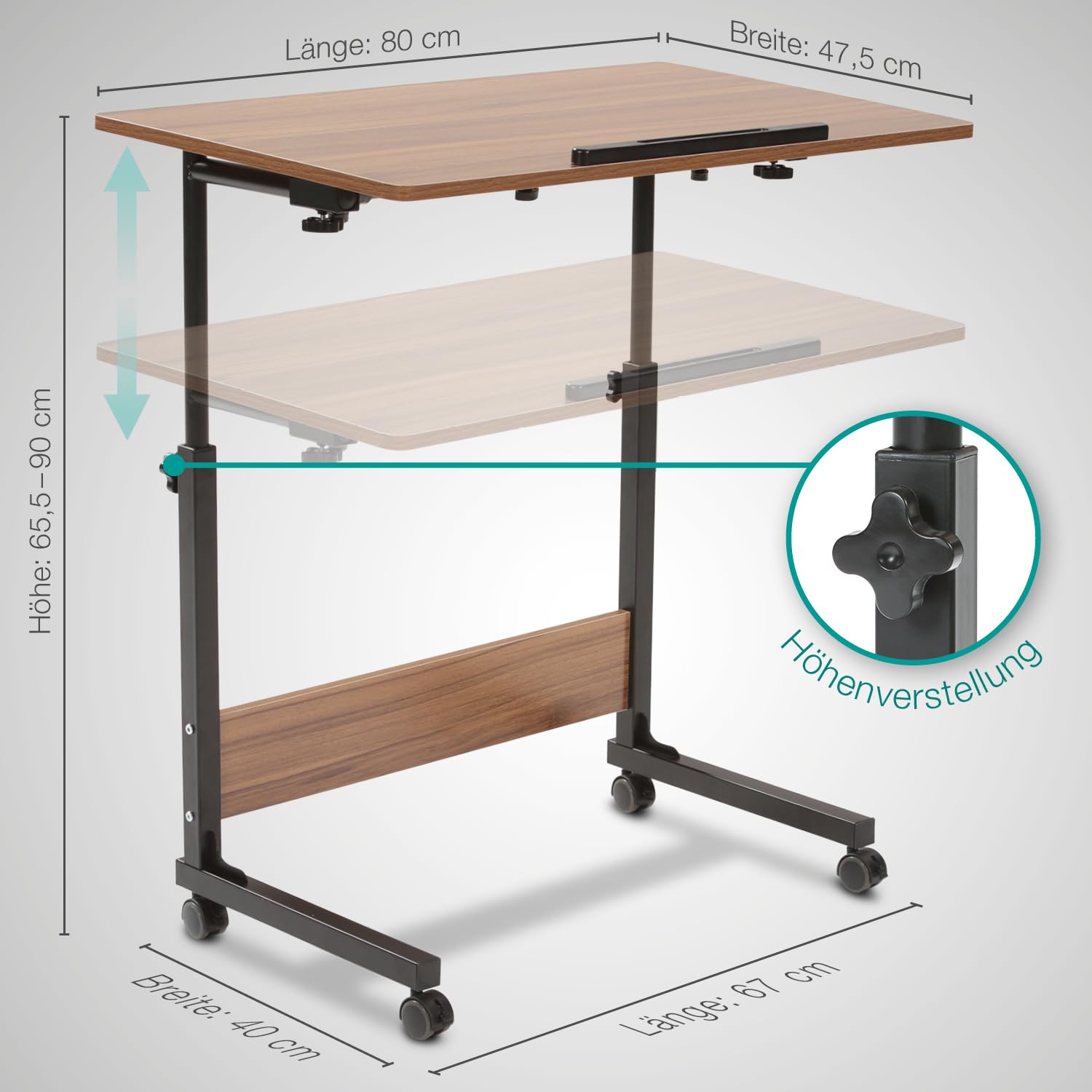 maxVitalis mobiler Laptoptisch Schreibtisch Computertisch Pflegetisch höhenverstellbar mit Rollen, Tischplatte neigbar, Multifunktionaler Beistelltisch für Bett Sofa Couch, Laptopständer (Holz-Optik)