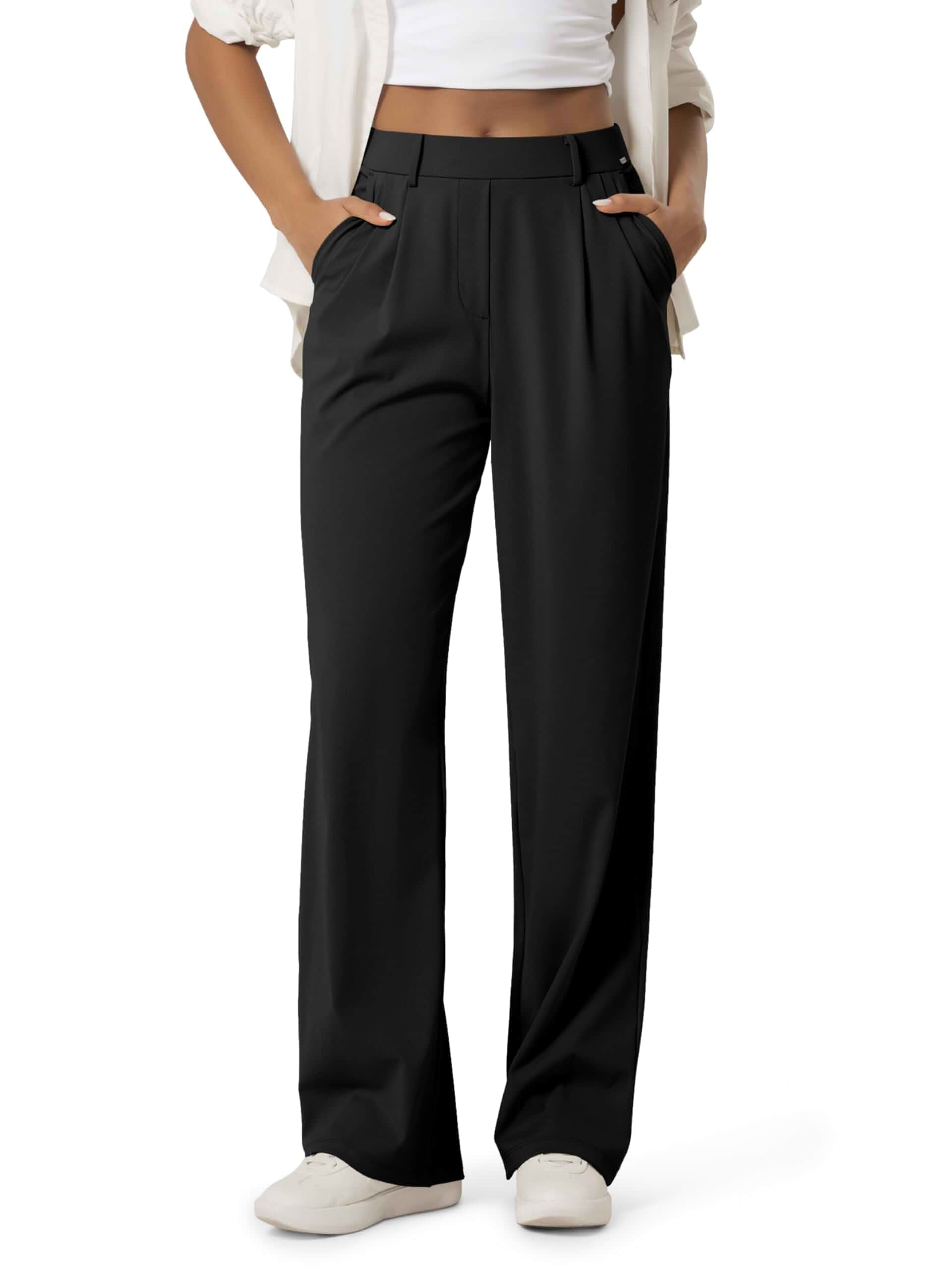 ODODOS Women's High-Rise Wide Leg Trousers, Adjustable Tailored Stretch Work Pants with Pockets, 29" /31" /33" Inseam Regular