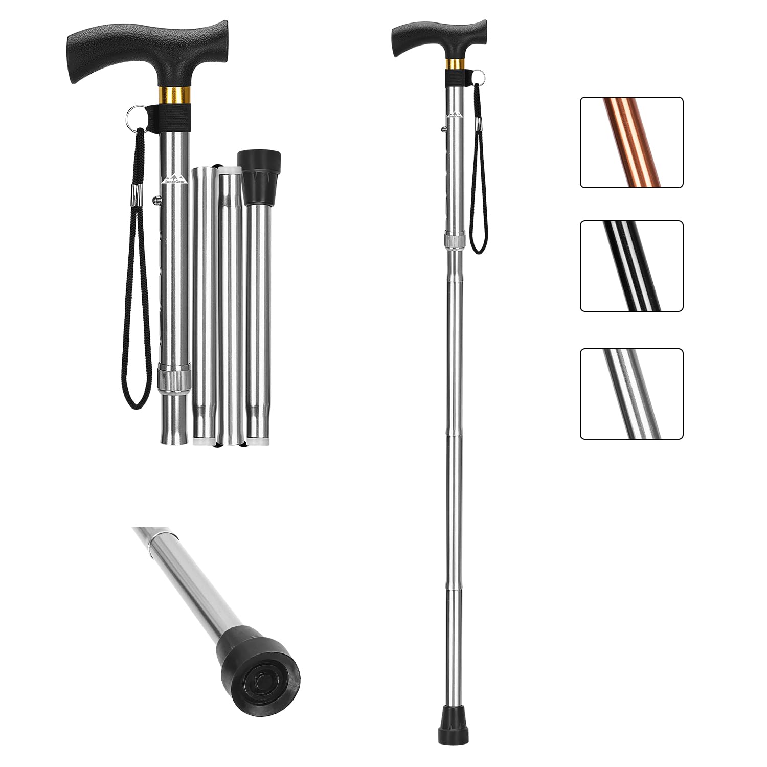supregear Folding Walking Stick, 5-Level Adjustable Height Aluminum Foldable Walking Cane with T-Handle and Anti-Lost Wrist Strap, Non-Slip Collapsible Balancing Mobility Aid for Elderly Disabled