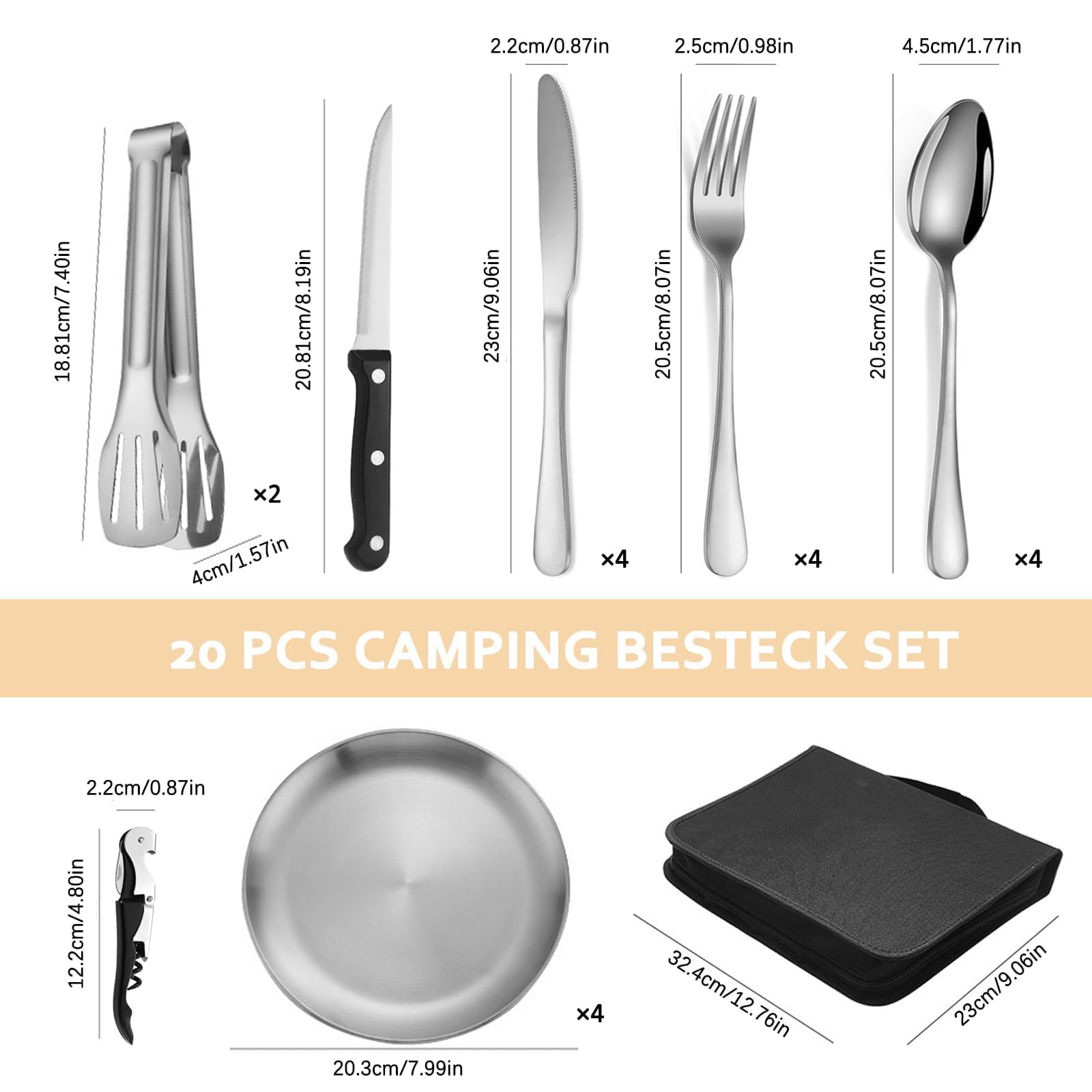 Couverts de Camping en Acier Inoxydable pour 4 Personnes avec cuillère, Fourchette, Couteau, Assiette Clip