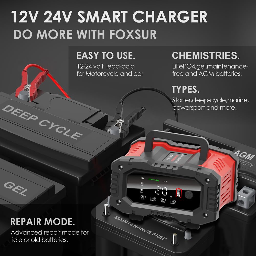 W pełni automatyczna ładowarka FOXSUR 300 W 12 V 20 A i 24 V 10 A Przenośna ładowarka podtrzymująca i konserwator akumulatorów z wyświetlaczem LCD do samochodów ciężarowych SUV,